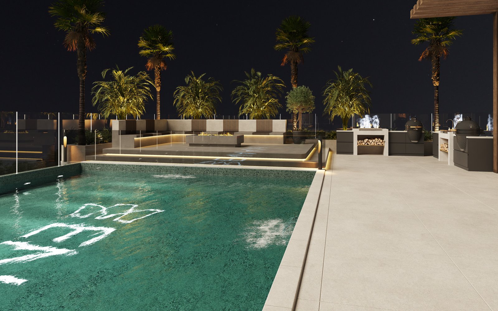 Resort-style swimming pool at night at Azra Residence