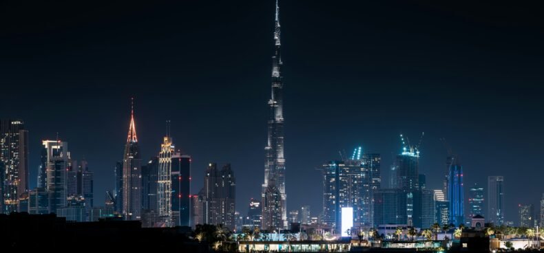 Dubai skyline at night with Burj Khalifa
