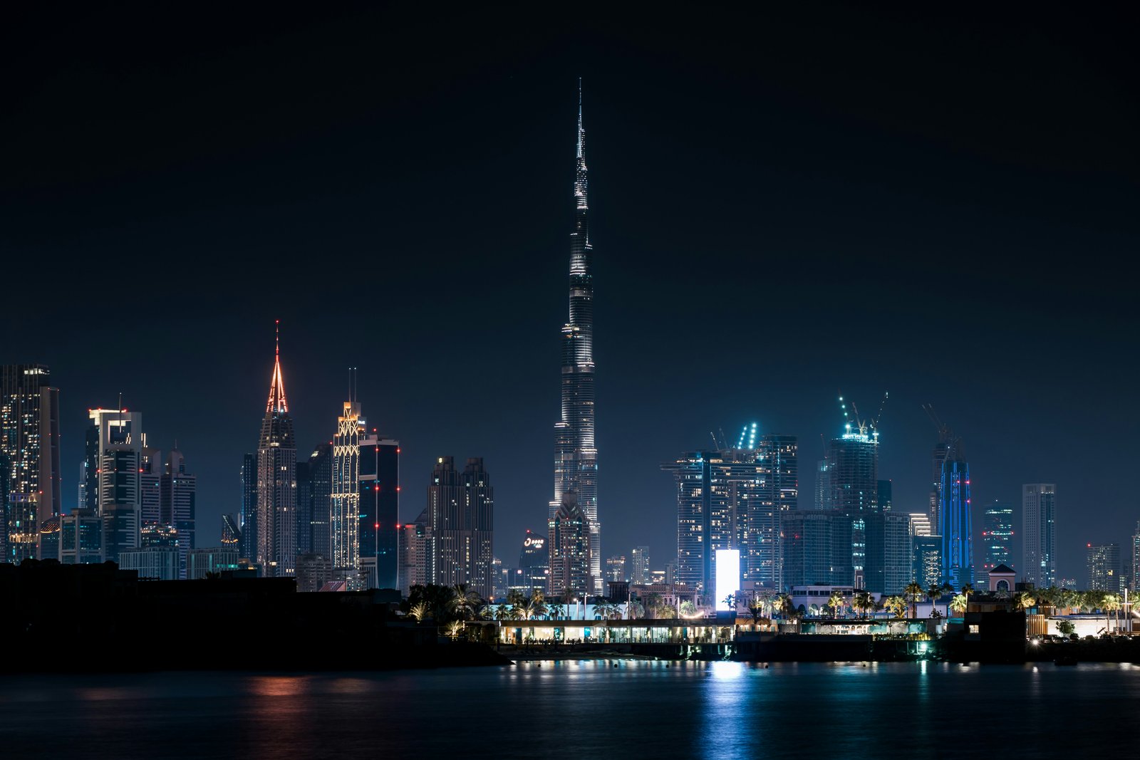 Dubai skyline at night with Burj Khalifa