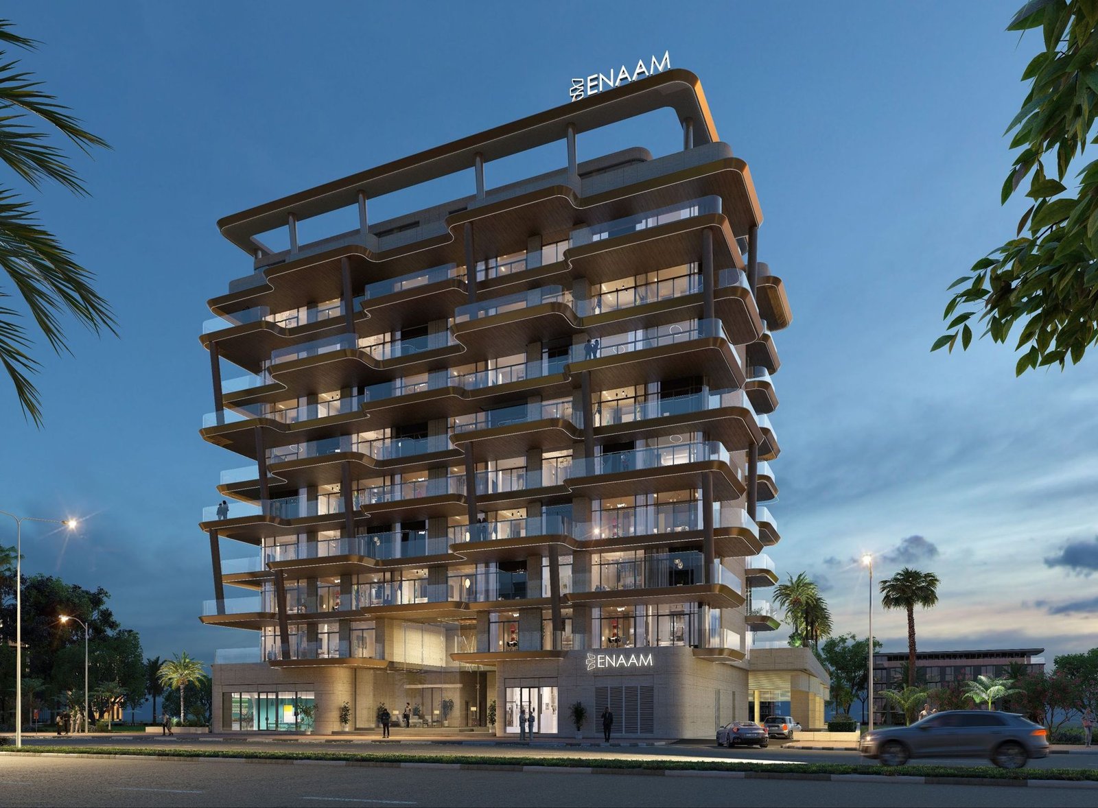Elyra Residences front exterior at dusk, Dubai Silicon Oasis